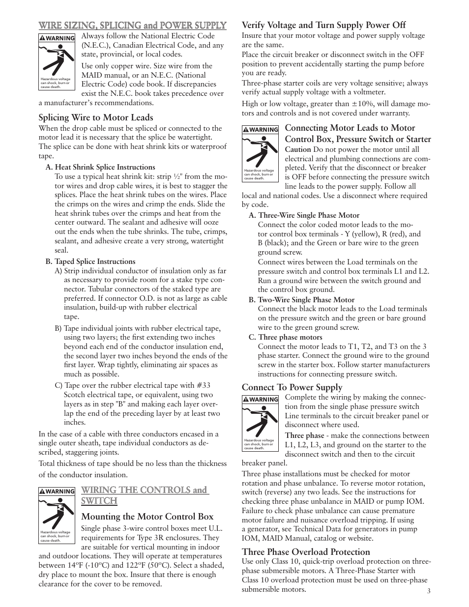 Wire sizing, splicing and power supply, Splicing wire to motor leads, Verify voltage and turn supply power off | Connect to power supply, Three phase overload protection | Xylem IM204 R03 CentriPro 4 Motor User Manual | Page 3 / 12