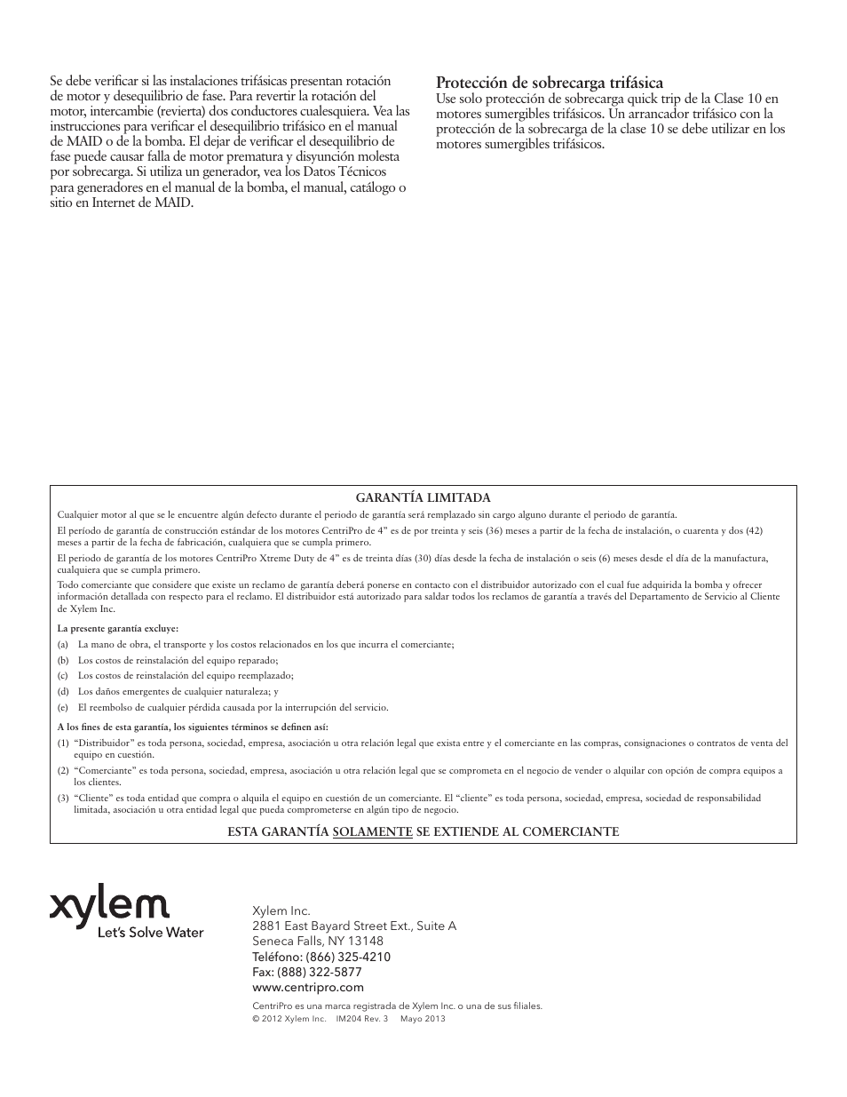Protección de sobrecarga trifásica | Xylem IM204 R03 CentriPro 4 Motor User Manual | Page 8 / 12