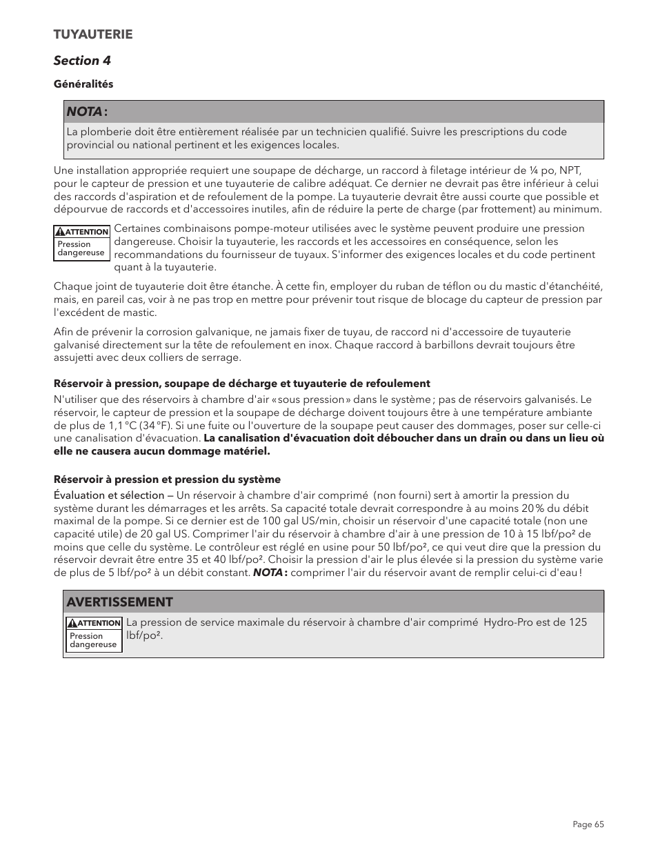 Nota, Avertissement, Tuyauterie | Xylem IM213R04 S-Drive Constant Pressure Aquavar SPD Variable Speed Pump Control User Manual | Page 65 / 88