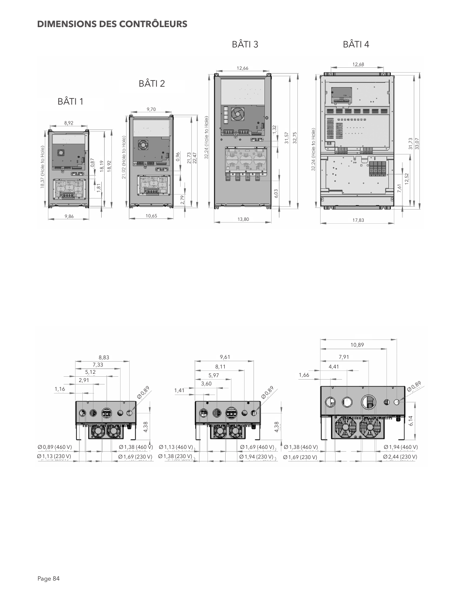 Bâti 1 bâti 2 bâti 3 bâti 4, Dimensions des contrôleurs | Xylem IM213R04 S-Drive Constant Pressure Aquavar SPD Variable Speed Pump Control User Manual | Page 84 / 88