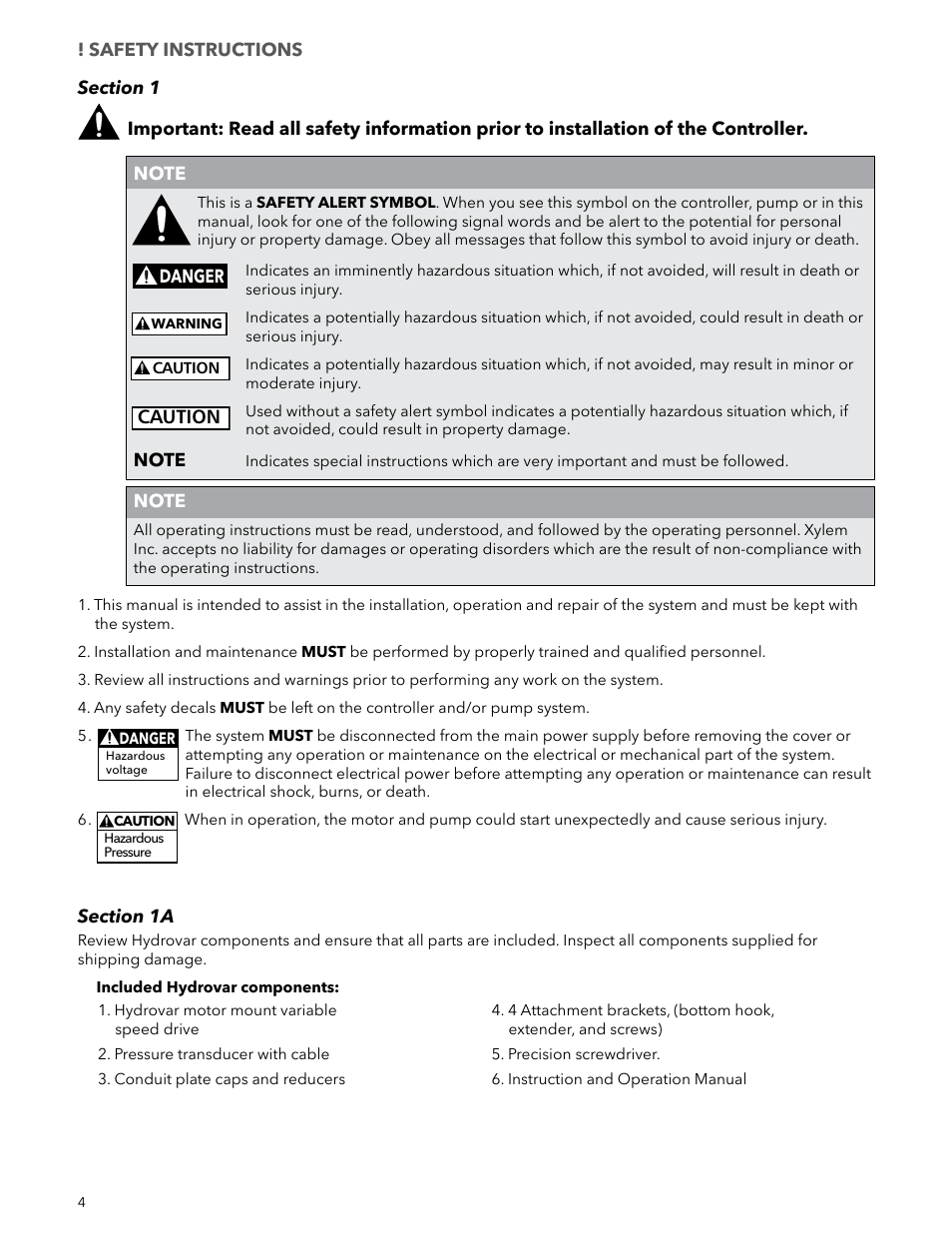 Caution | Xylem IM223 R04 Hydrovar Pump Control User Manual | Page 4 / 80