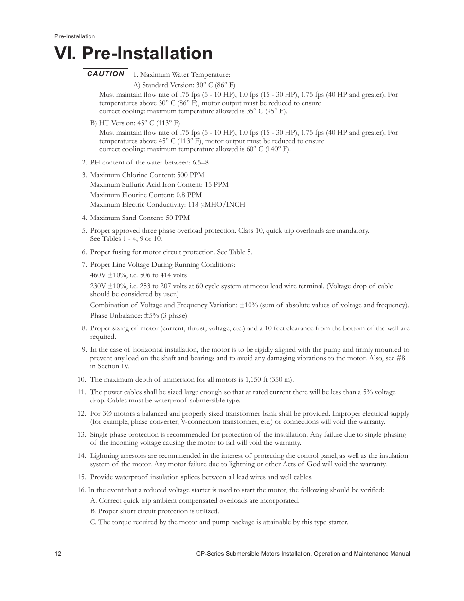 Vi. pre-installation | Xylem IM226R02 CP-Series Submersible Motors User Manual | Page 14 / 24