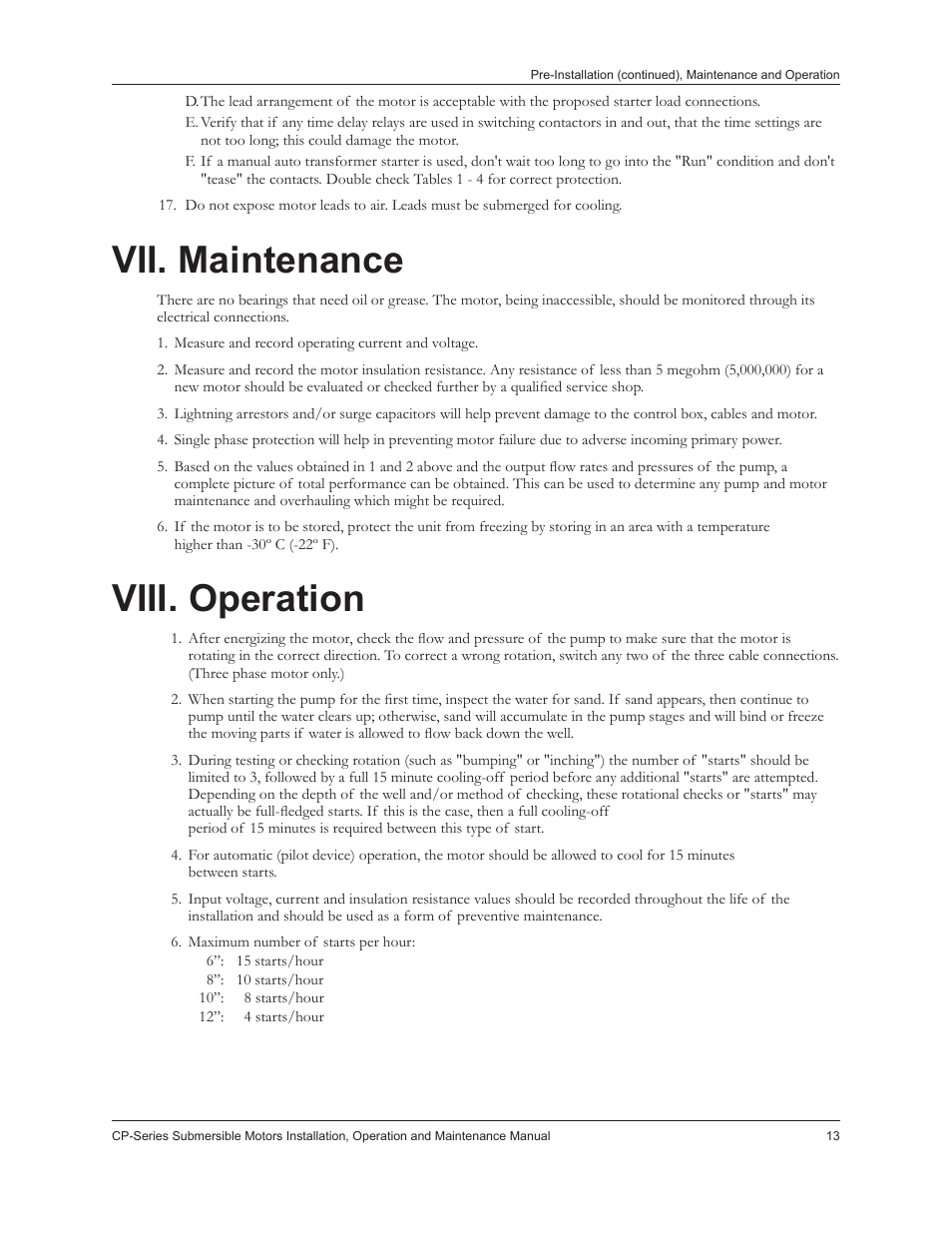 Vii. maintenance, Viii. operation | Xylem IM226R02 CP-Series Submersible Motors User Manual | Page 15 / 24