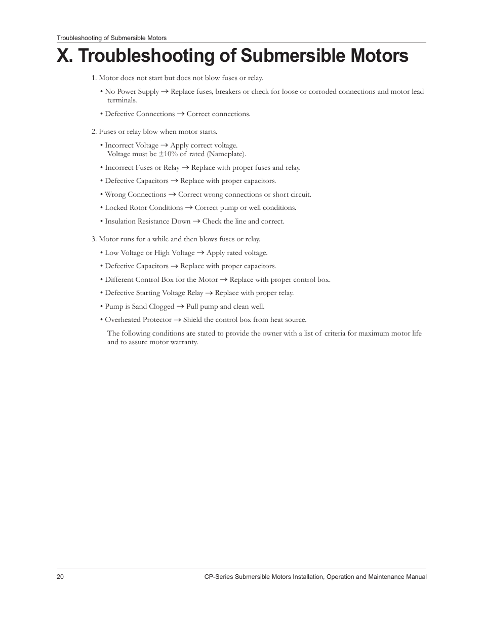 X. troubleshooting of submersible motors | Xylem IM226R02 CP-Series Submersible Motors User Manual | Page 22 / 24