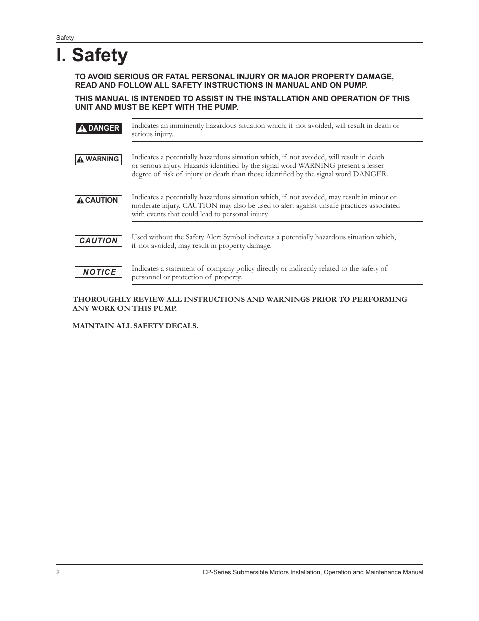I. safety | Xylem IM226R02 CP-Series Submersible Motors User Manual | Page 4 / 24