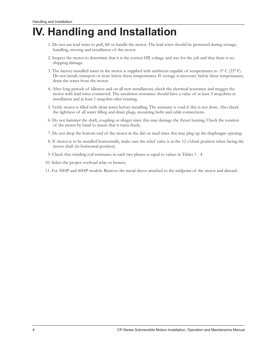 Iv. handling and installation | Xylem IM226R02 CP-Series Submersible Motors User Manual | Page 6 / 24