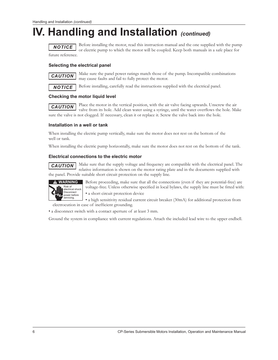 Iv. handling and installation, Continued) | Xylem IM226R02 CP-Series Submersible Motors User Manual | Page 8 / 24