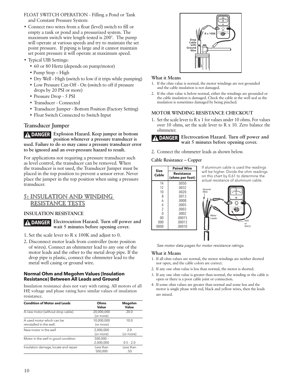 Transducer jumper, Insulation and winding resistance tests, Danger | What it means | Xylem IM229 R06 Aquavar SOLO User Manual | Page 10 / 48