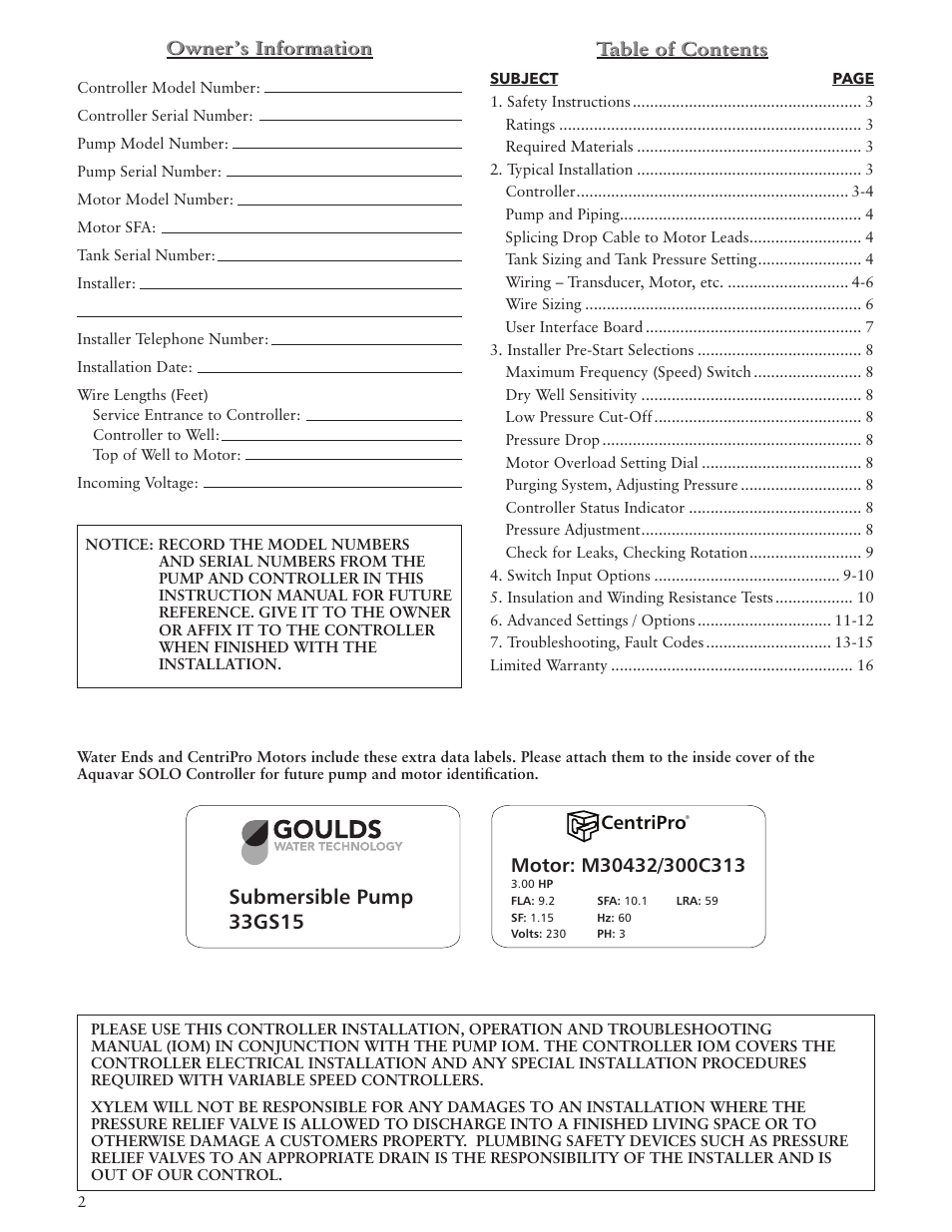 Submersible pump 33gs15, Centripro | Xylem IM229 R06 Aquavar SOLO User Manual | Page 2 / 48