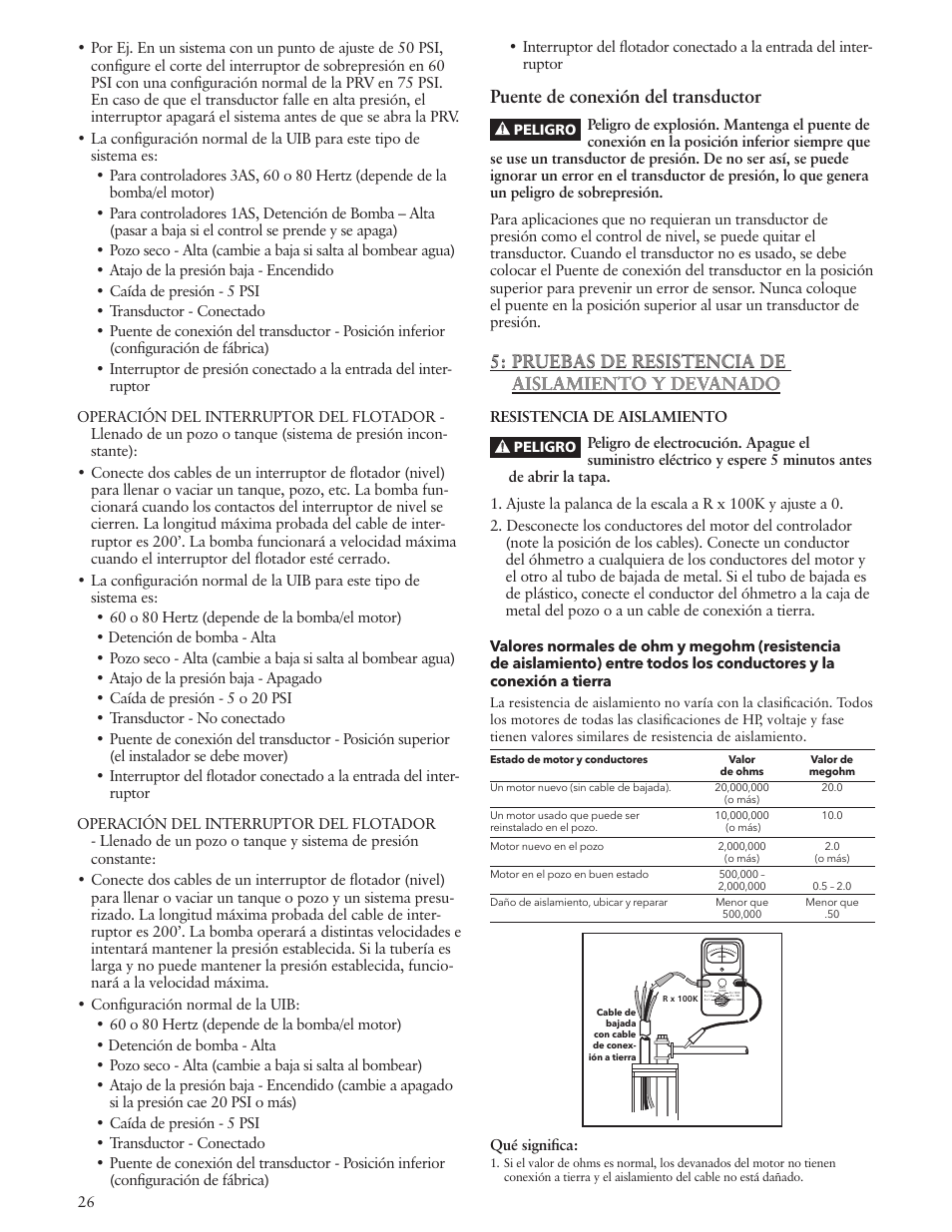 Puente de conexión del transductor, Pruebas de resistencia de aislamiento y devanado | Xylem IM229 R06 Aquavar SOLO User Manual | Page 26 / 48