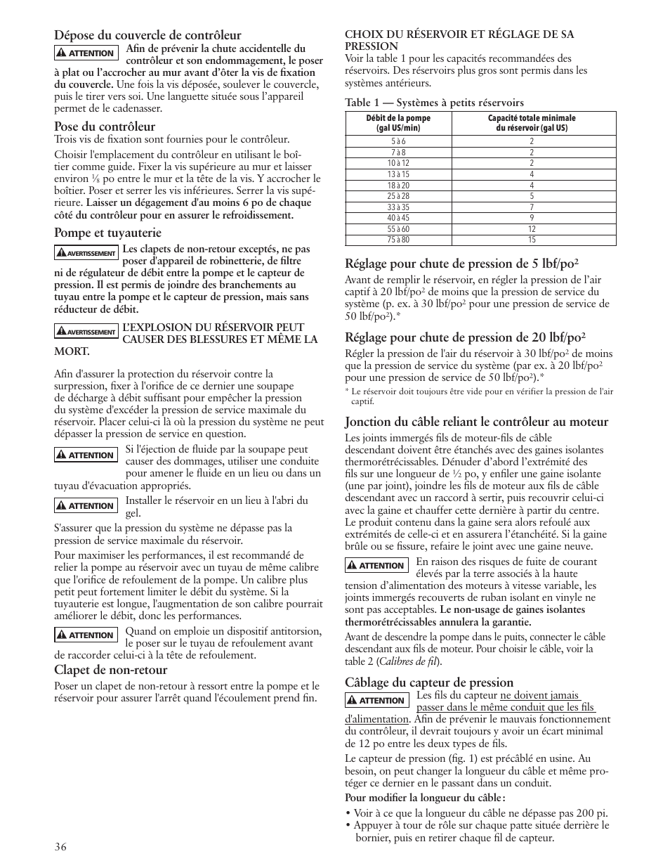 Dépose du couvercle de contrôleur, Pose du contrôleur, Pompe et tuyauterie | Clapet de non-retour, Réglage pour chute de pression de 5 lbf/po, Réglage pour chute de pression de 20 lbf/po, Jonction du câble reliant le contrôleur au moteur, Câblage du capteur de pression | Xylem IM229 R06 Aquavar SOLO User Manual | Page 36 / 48