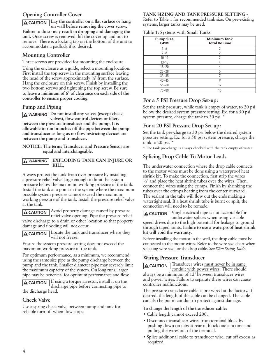 Opening controller cover, Mounting controller, Pump and piping | Check valve, For a 5 psi pressure drop set-up, For a 20 psi pressure drop set-up, Splicing drop cable to motor leads, Wiring pressure transducer | Xylem IM229 R06 Aquavar SOLO User Manual | Page 4 / 48