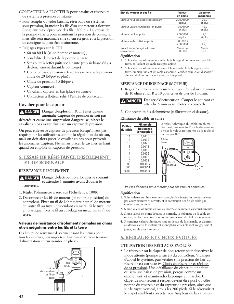 Cavalier pour le capteur, Essais de résistance d'isolement et de bobinage, Réglages et choix évolués | Danger | Xylem IM229 R06 Aquavar SOLO User Manual | Page 42 / 48