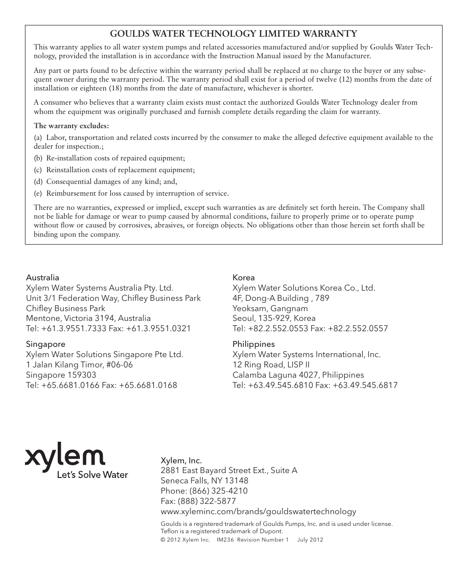 Xylem IM236 R01 Sump Pumps User Manual | Page 8 / 8