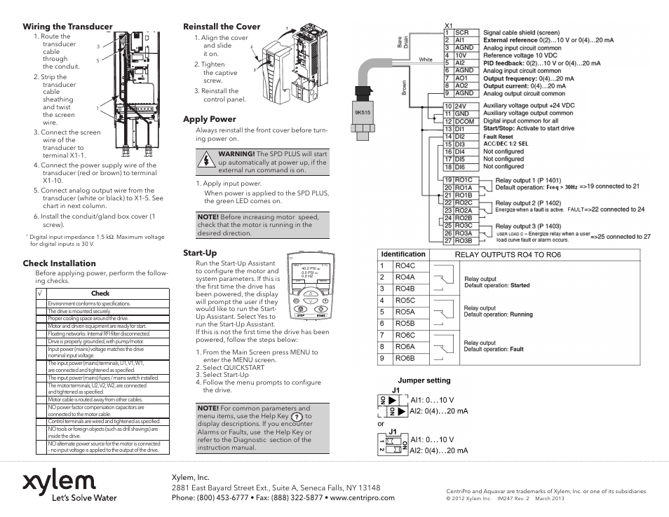 Wiring the transducer, Check installation, Reinstall the cover | Apply power, Start-up | Xylem IM247 R02 SPD PLUS Centrifugal Pump Controller Quick Start Guide User Manual | Page 2 / 2