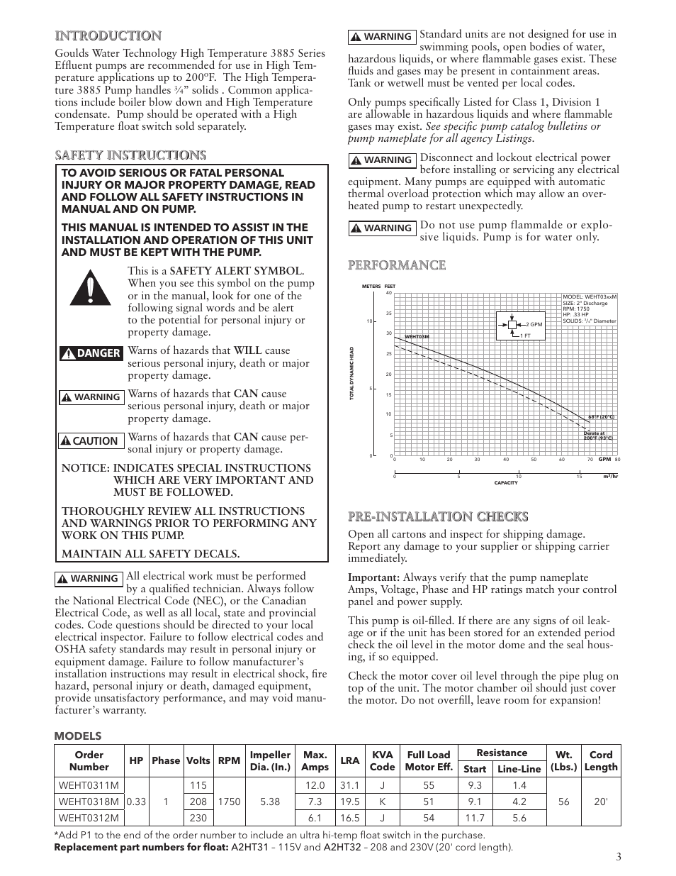 Introduction, Safety instructions, Performance pre-installation checks | Xylem IM248R01 High Temp Sump Pump User Manual | Page 3 / 12