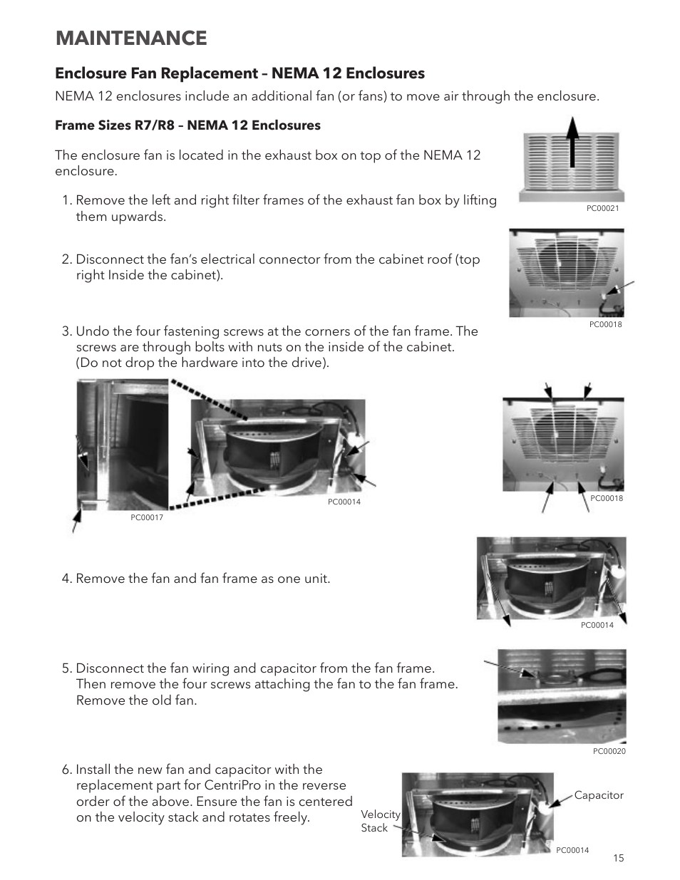 Maintenance, Enclosure fan replacement – nema 12 enclosures | Xylem IM250R03 Aquavar CPC-FD User Manual | Page 15 / 44