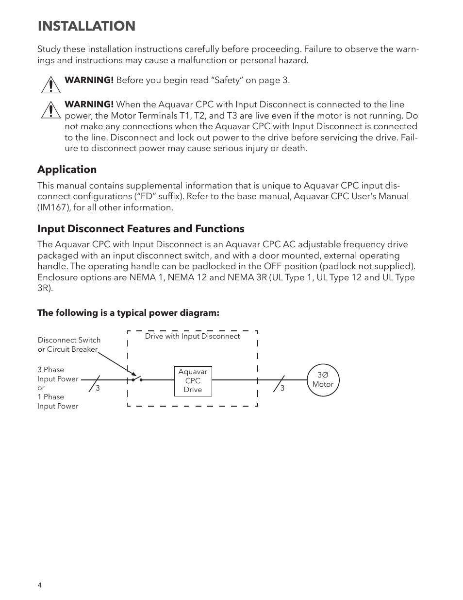 Installation, Application, Input disconnect features and functions | Xylem IM250R03 Aquavar CPC-FD User Manual | Page 4 / 44