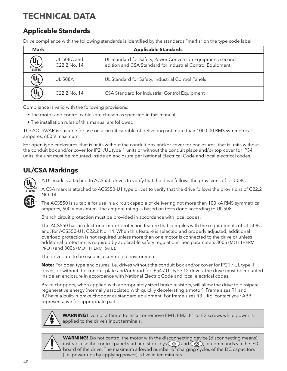 Technical data, Applicable standards, Ul/csa markings | Xylem IM250R03 Aquavar CPC-FD User Manual | Page 40 / 44
