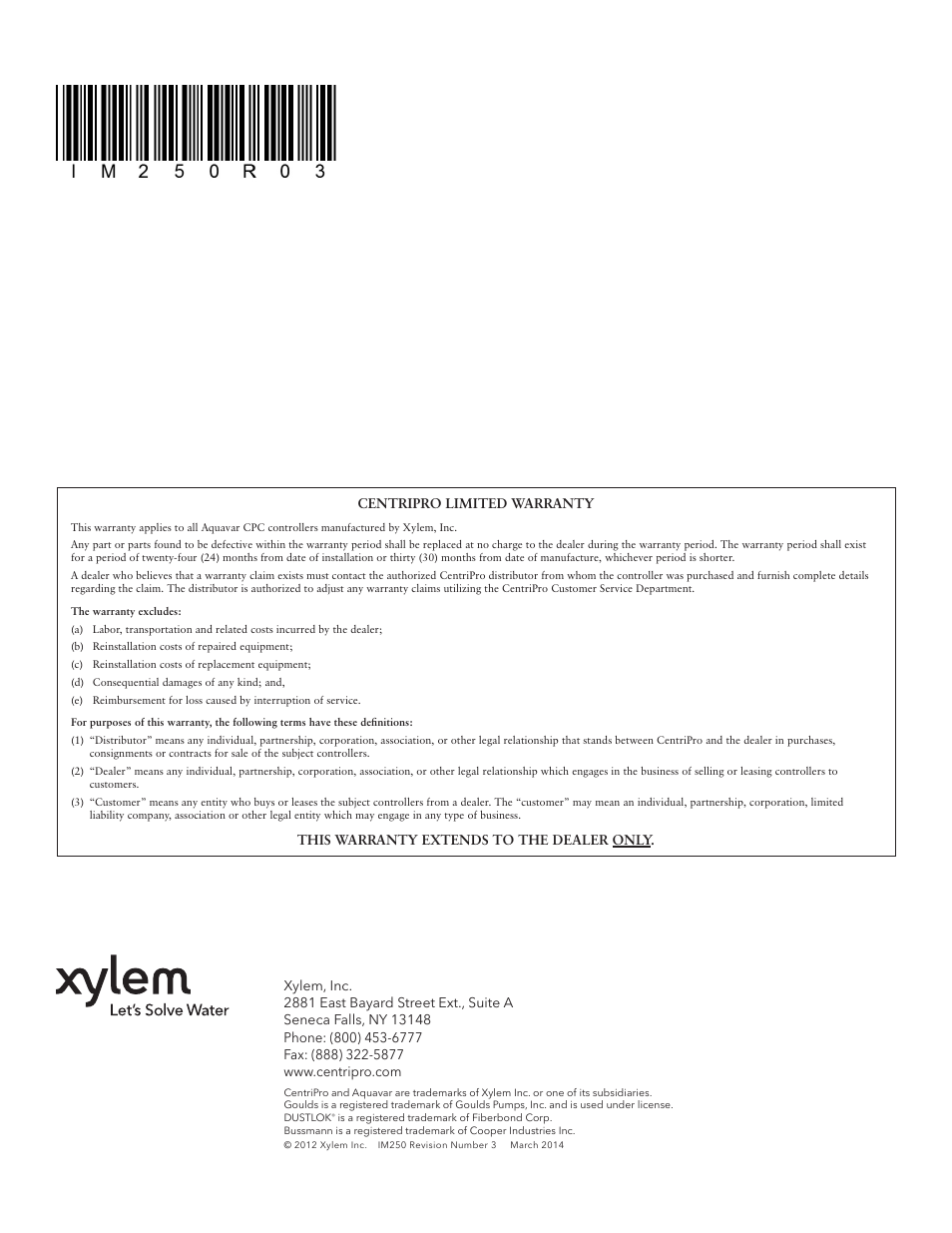 Centripro limited warranty, This warranty extends to the dealer only | Xylem IM250R03 Aquavar CPC-FD User Manual | Page 44 / 44
