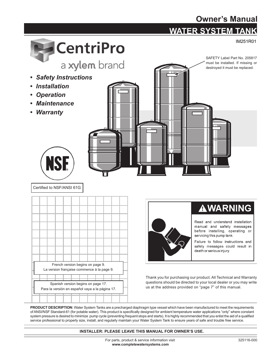 Xylem IM251R01 CentriPro Water System Tank User Manual | 24 pages