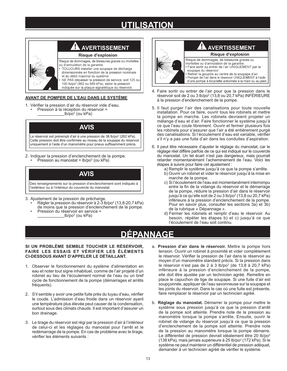 Utilisation, Dépannage, Avis | Xylem IM251R01 CentriPro Water System Tank User Manual | Page 13 / 24