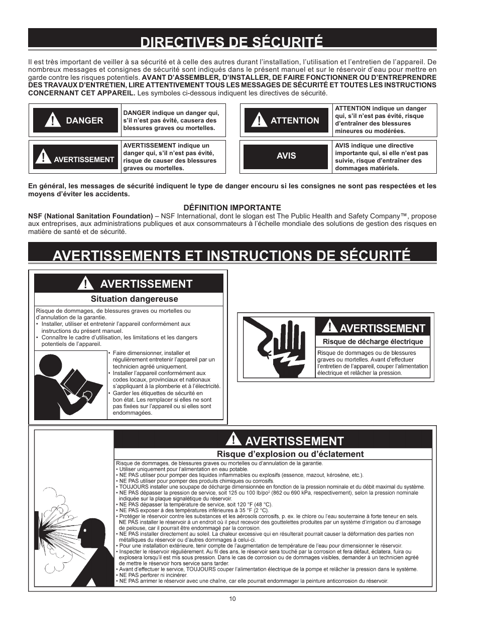 Avertissement, Situation dangereuse, Danger | Attention, Avis | Xylem IM252R01 Goulds Water Technology HydroPro Water System Tank User Manual | Page 10 / 24