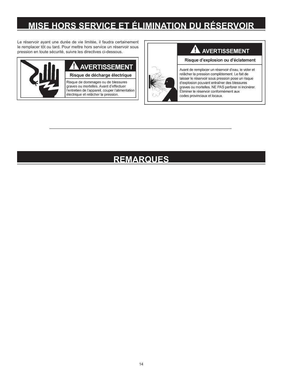 Mise hors service et élimination du réservoir, Remarques | Xylem IM252R01 Goulds Water Technology HydroPro Water System Tank User Manual | Page 14 / 24