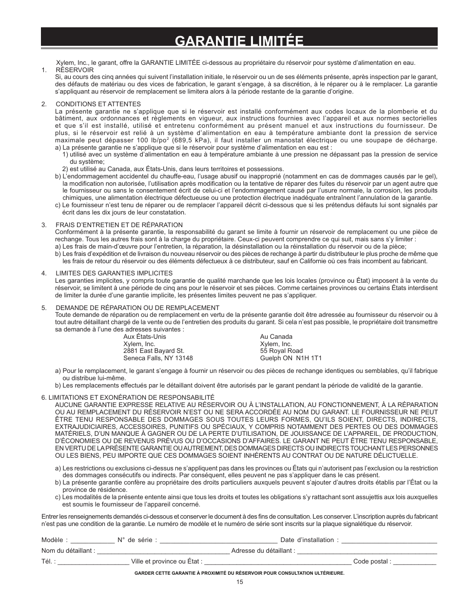 Garantie limitée | Xylem IM252R01 Goulds Water Technology HydroPro Water System Tank User Manual | Page 15 / 24