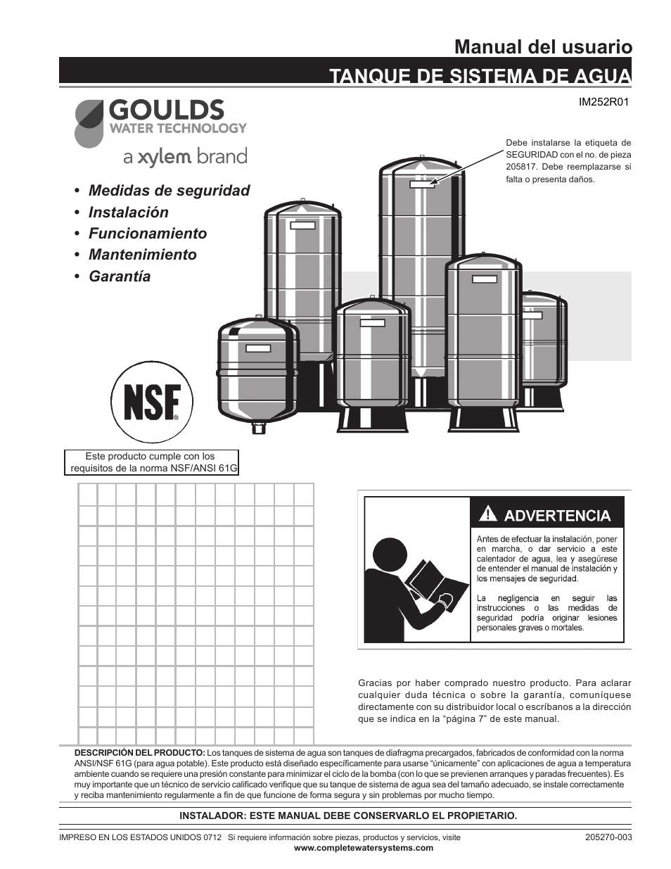 Manual del usuario tanque de sistema de agua | Xylem IM252R01 Goulds Water Technology HydroPro Water System Tank User Manual | Page 17 / 24