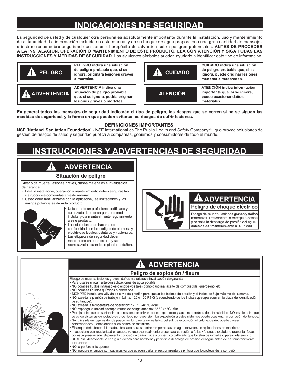 Peligro, Advertencia, Cuidado | Atención, Situación de peligro | Xylem IM252R01 Goulds Water Technology HydroPro Water System Tank User Manual | Page 18 / 24