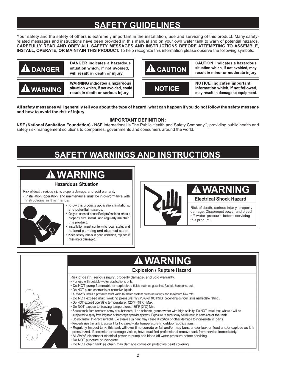 Warning, Safety guidelines, Safety warnings and instructions | Xylem IM252R01 Goulds Water Technology HydroPro Water System Tank User Manual | Page 2 / 24