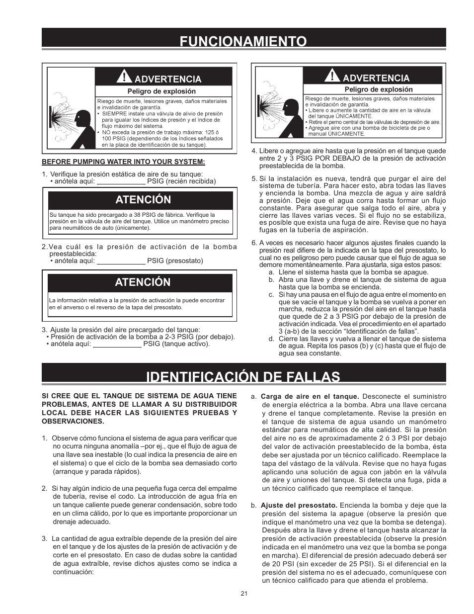 Funcionamiento, Identificación de fallas, Atención | Xylem IM252R01 Goulds Water Technology HydroPro Water System Tank User Manual | Page 21 / 24