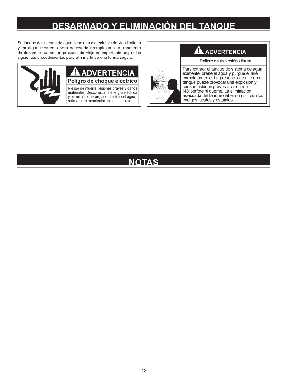 Desarmado y eliminación del tanque, Notas | Xylem IM252R01 Goulds Water Technology HydroPro Water System Tank User Manual | Page 22 / 24