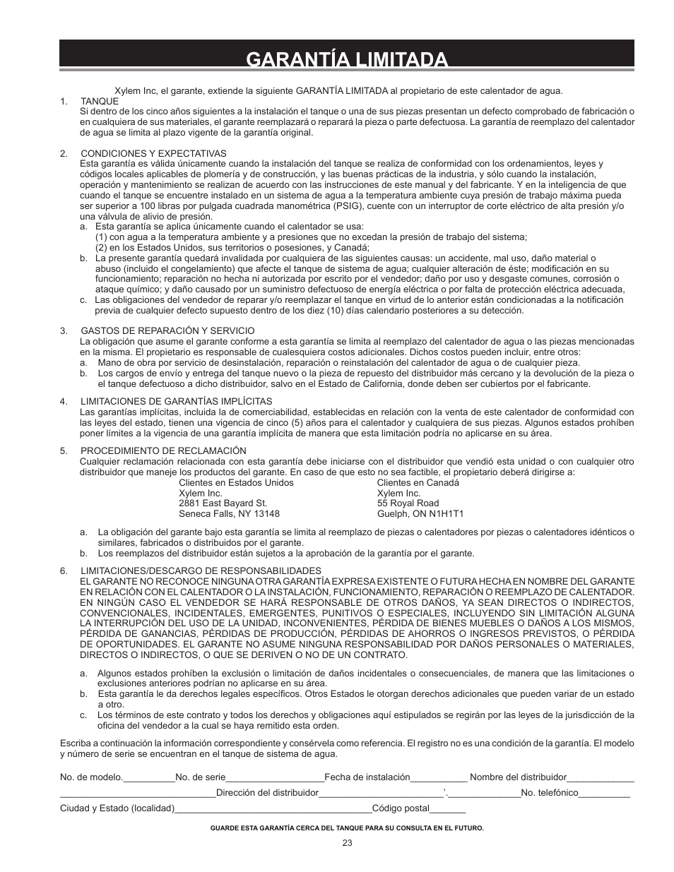 Garantía limitada | Xylem IM252R01 Goulds Water Technology HydroPro Water System Tank User Manual | Page 23 / 24