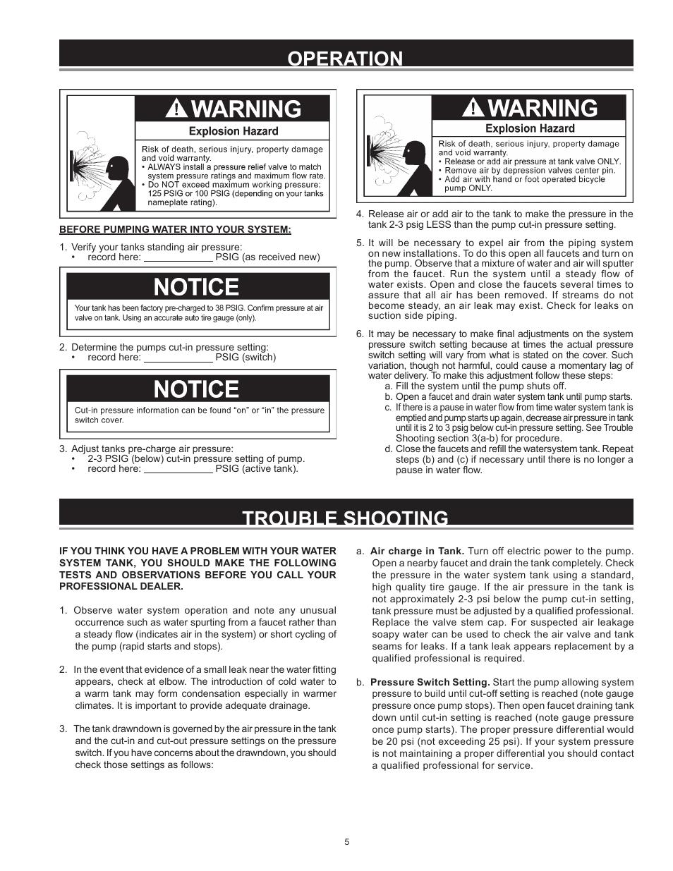 Operation, Trouble shooting | Xylem IM252R01 Goulds Water Technology HydroPro Water System Tank User Manual | Page 5 / 24