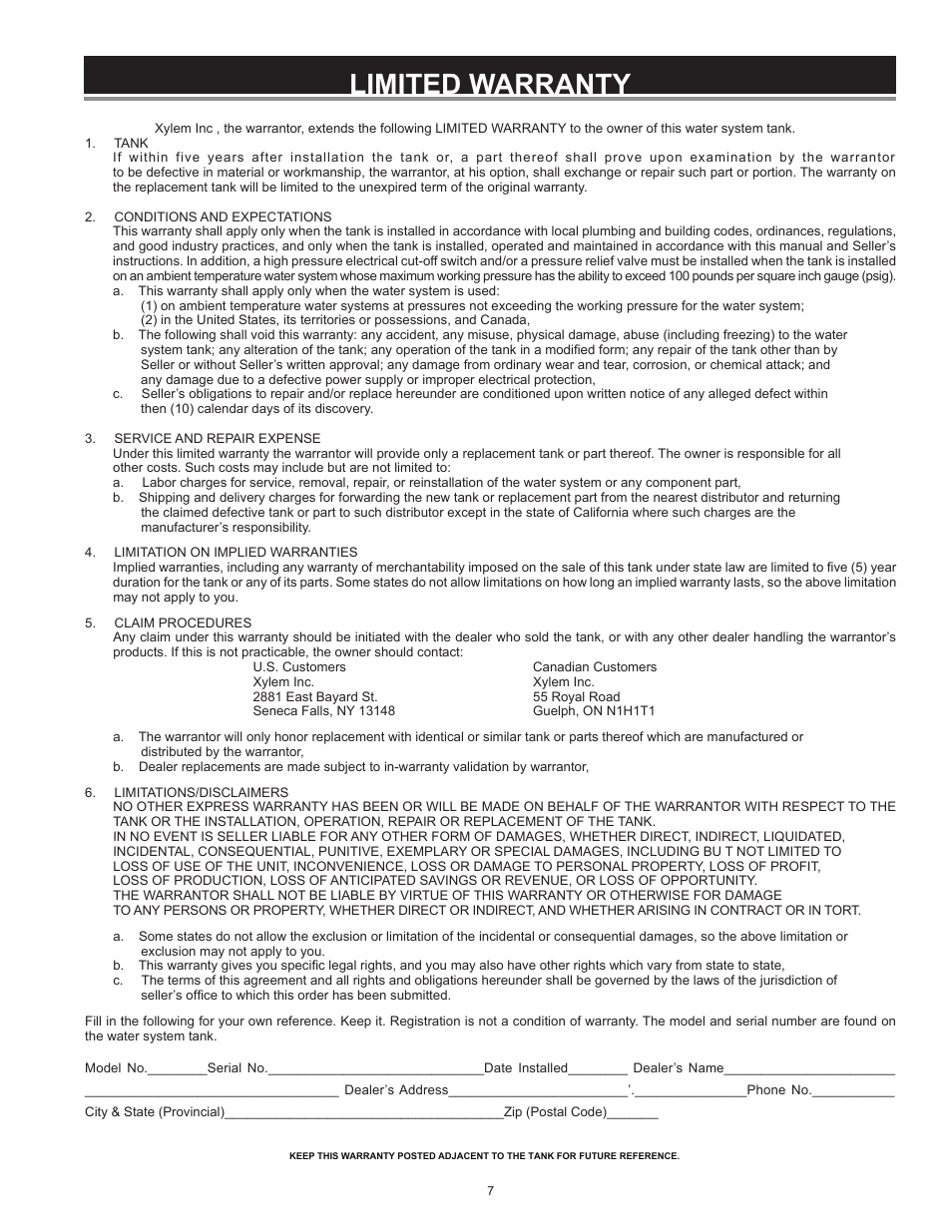 Limited warranty | Xylem IM252R01 Goulds Water Technology HydroPro Water System Tank User Manual | Page 7 / 24