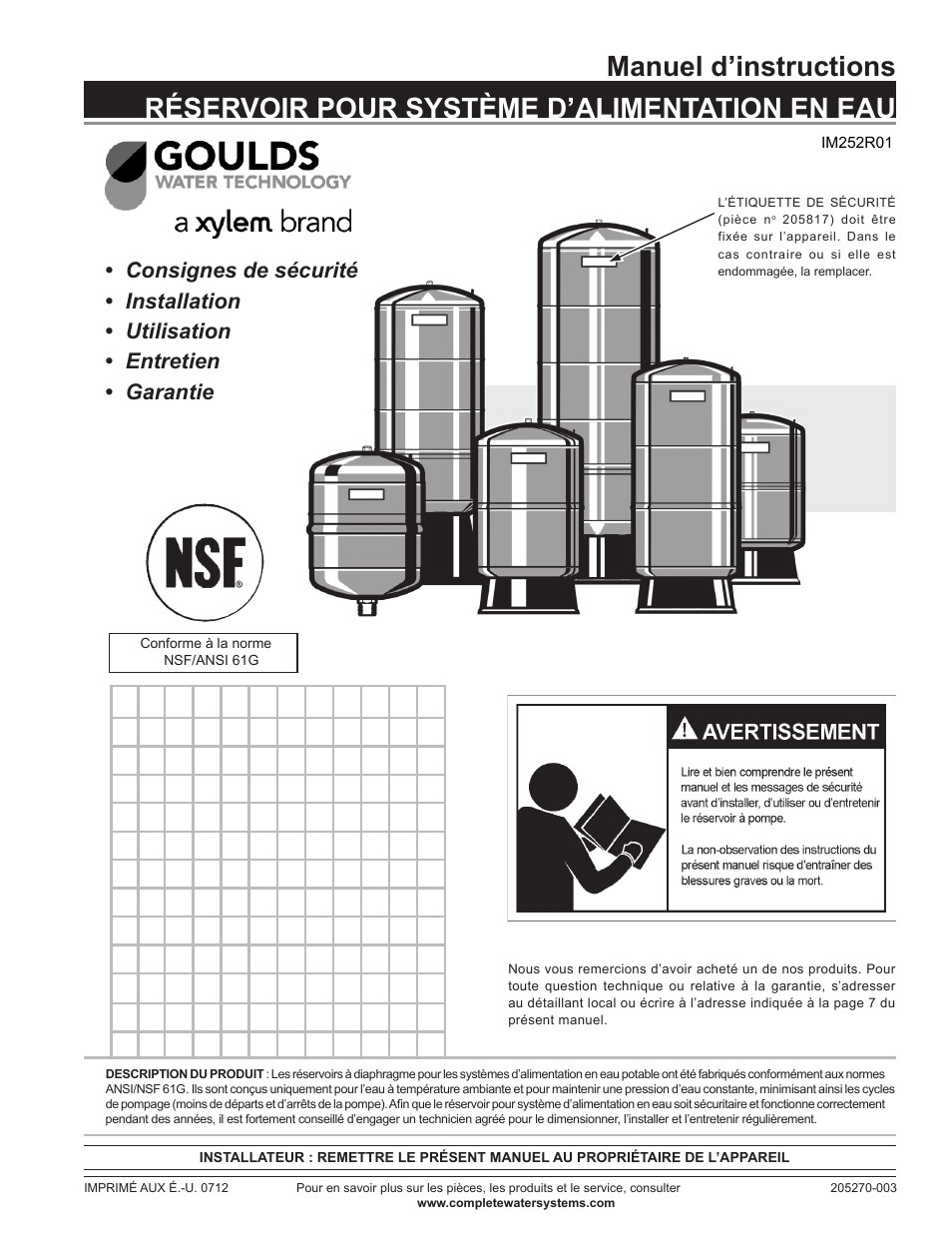 Xylem IM252R01 Goulds Water Technology HydroPro Water System Tank User Manual | Page 9 / 24