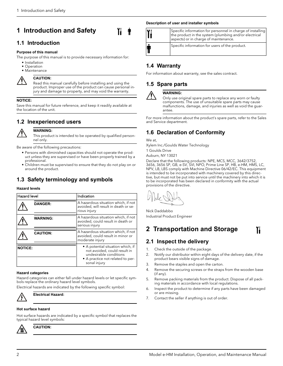 1 introduction and safety, 1 introduction, 2 inexperienced users | 3 safety terminology and symbols, 4 warranty, 5 spare parts, 6 declaration of conformity, 2 transportation and storage, 1 inspect the delivery | Xylem IM254R01 e-HM Series User Manual | Page 3 / 8