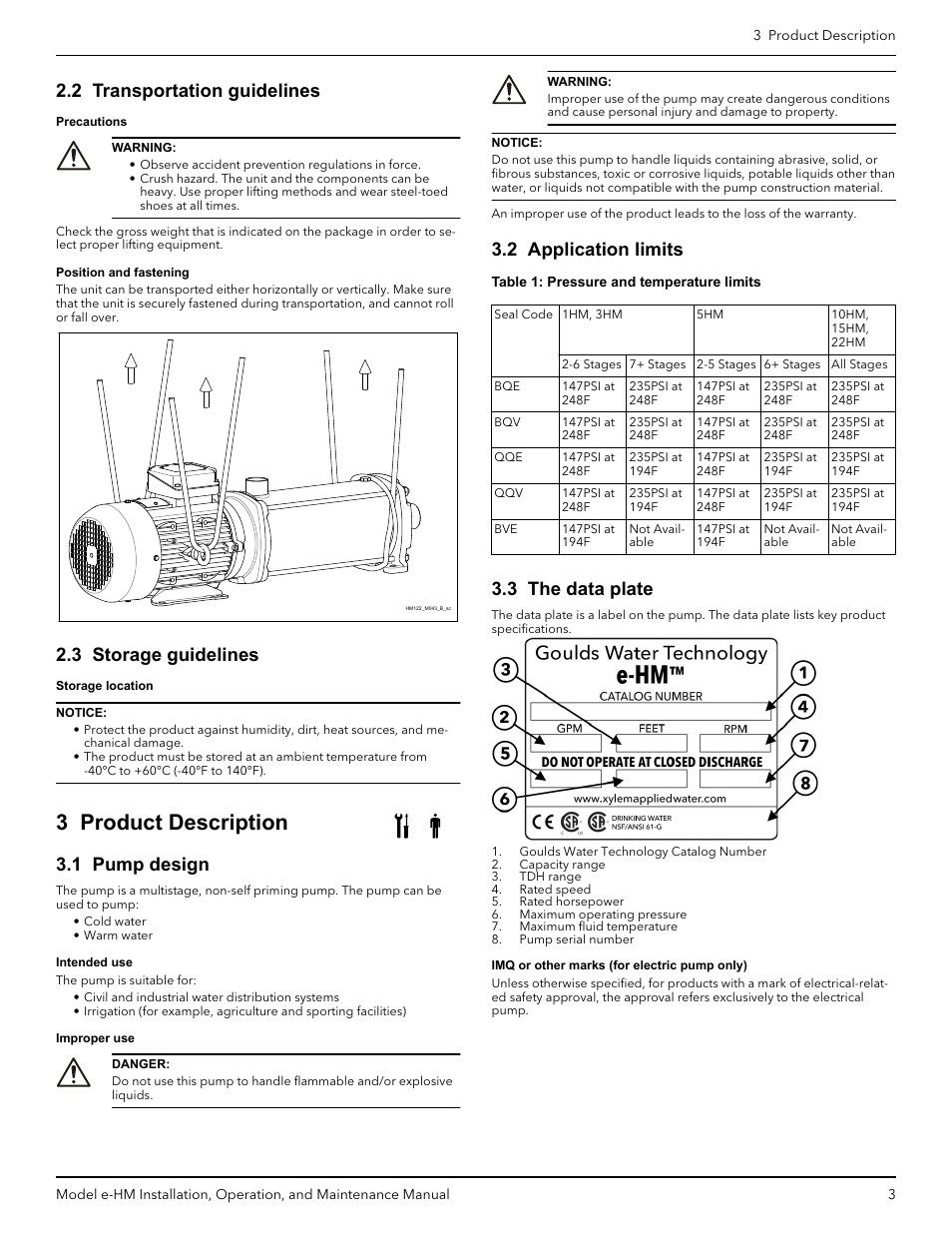 2 transportation guidelines, 3 storage guidelines, 3 product description | 1 pump design, 2 application limits, 3 the data plate, 4 installation, 2 transportation guidelines 2.3 storage guidelines | Xylem IM254R01 e-HM Series User Manual | Page 4 / 8
