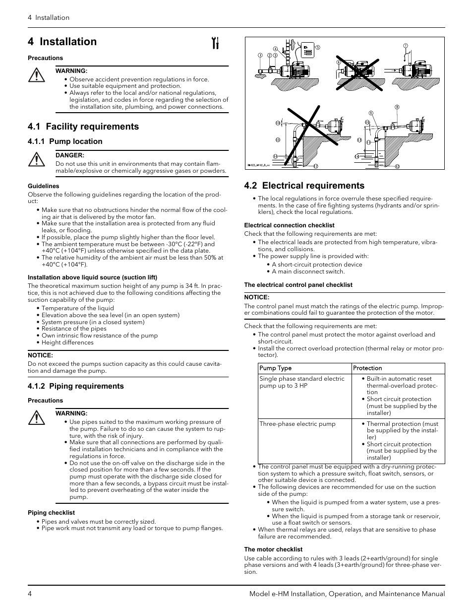 1 facility requirements, 1 pump location, 2 piping requirements | 2 electrical requirements, 1 pump location 4.1.2 piping requirements, 4 installation | Xylem IM254R01 e-HM Series User Manual | Page 5 / 8