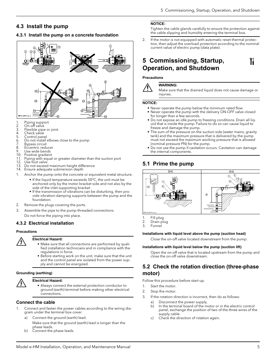 3 install the pump, 1 install the pump on a concrete foundation, 2 electrical installation | Connect the cable, 5 commissioning, startup, operation, and shutdown, 1 prime the pump, 2 check the rotation direction (three-phase motor) | Xylem IM254R01 e-HM Series User Manual | Page 6 / 8