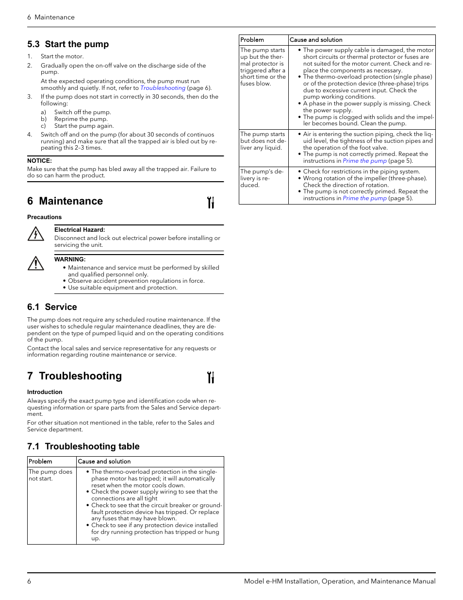 3 start the pump, 6 maintenance, 1 service | 7 troubleshooting, 1 troubleshooting table | Xylem IM254R01 e-HM Series User Manual | Page 7 / 8