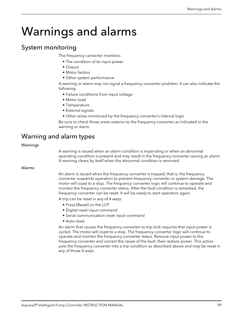 Warnings and alarms, System monitoring, Warning and alarm types | System monitoring warning and alarm types | Xylem IM255 AQUAVAR Intelligent Pump Controller User Manual | Page 101 / 148