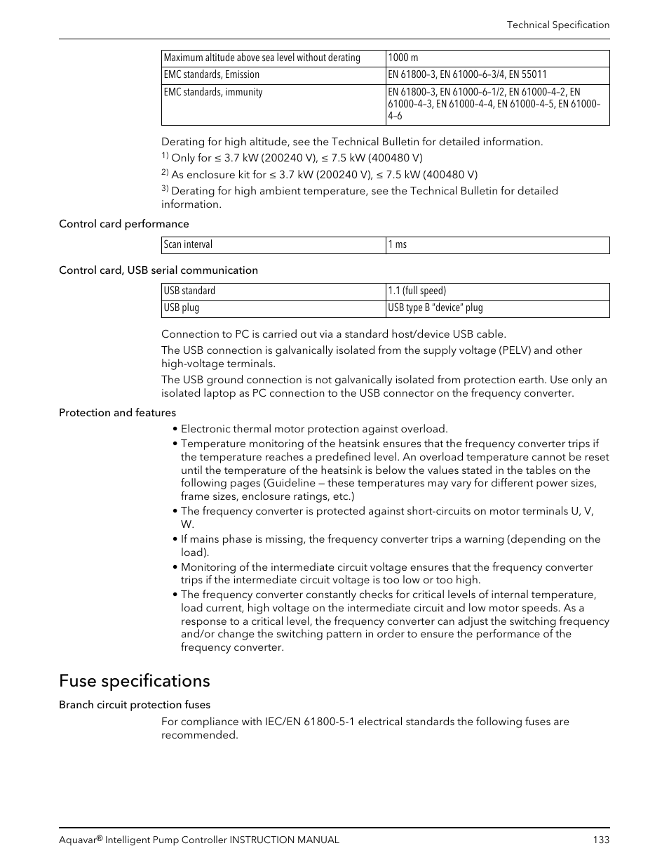 Fuse specifications | Xylem IM255 AQUAVAR Intelligent Pump Controller User Manual | Page 135 / 148