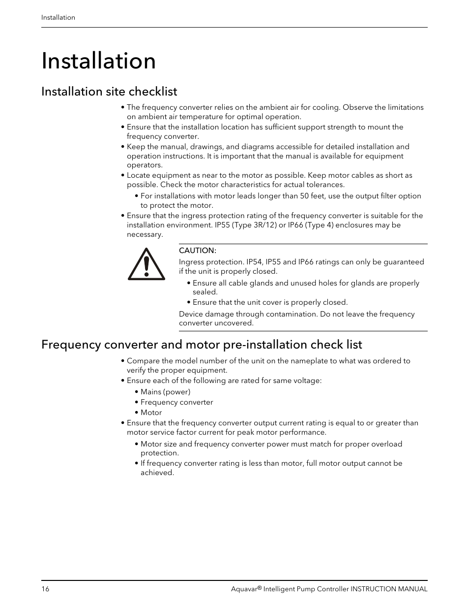 Installation, Installation site checklist | Xylem IM255 AQUAVAR Intelligent Pump Controller User Manual | Page 18 / 148