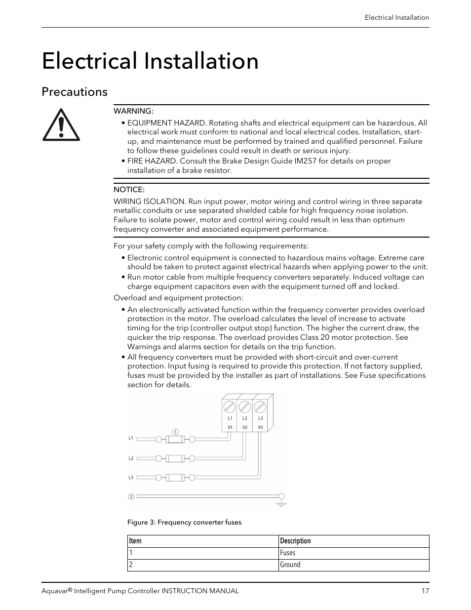 Electrical installation, Precautions | Xylem IM255 AQUAVAR Intelligent Pump Controller User Manual | Page 19 / 148