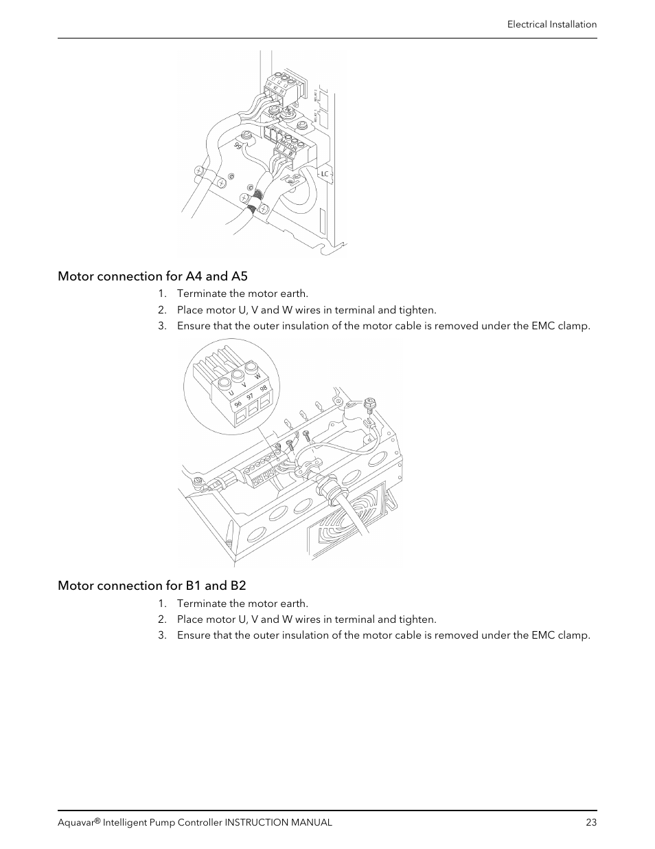 Motor connection for a4 and a5, Motor connection for b1 and b2 | Xylem IM255 AQUAVAR Intelligent Pump Controller User Manual | Page 25 / 148