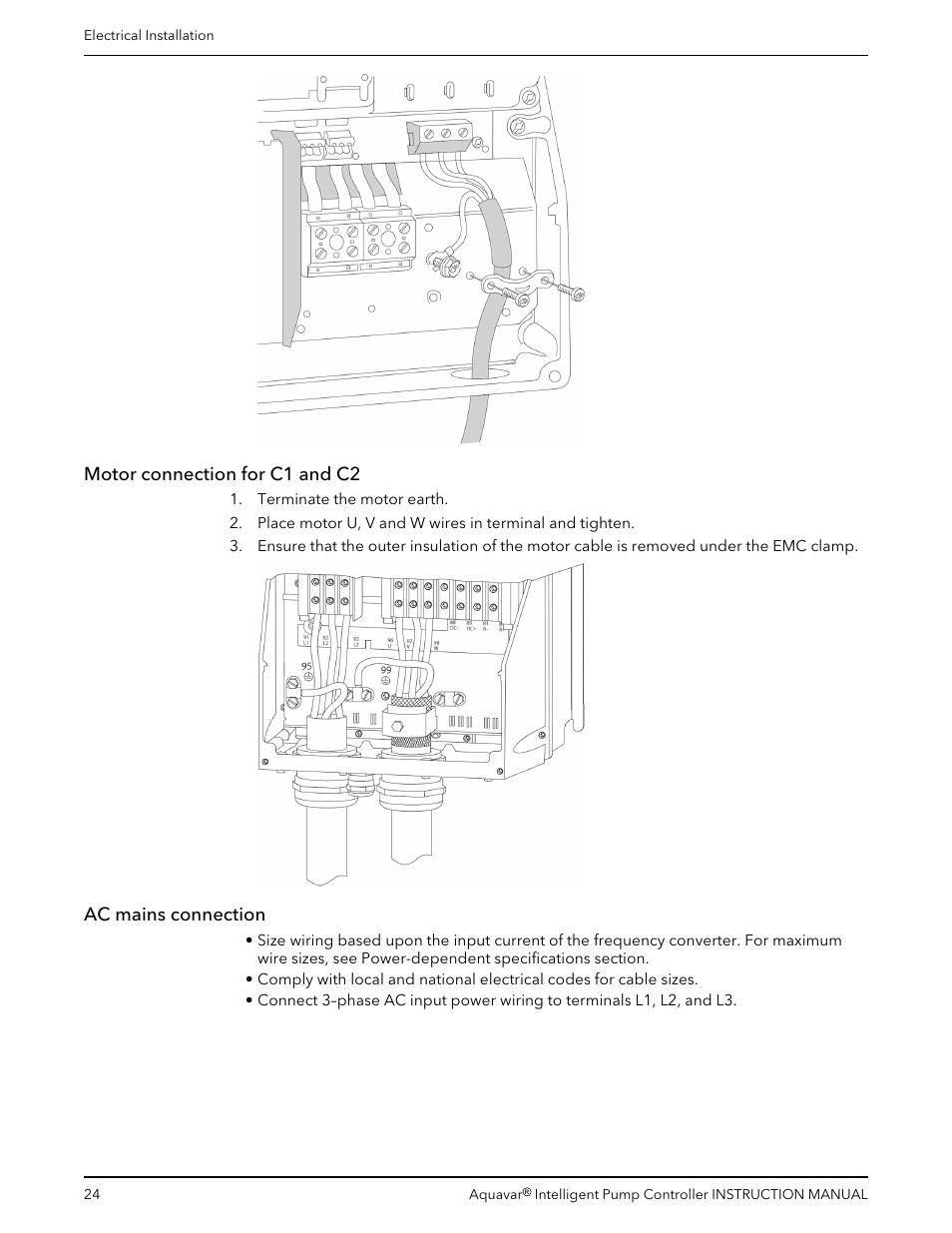 Motor connection for c1 and c2, Ac mains connection, Motor connection for c1 and c2 ac mains connection | Xylem IM255 AQUAVAR Intelligent Pump Controller User Manual | Page 26 / 148