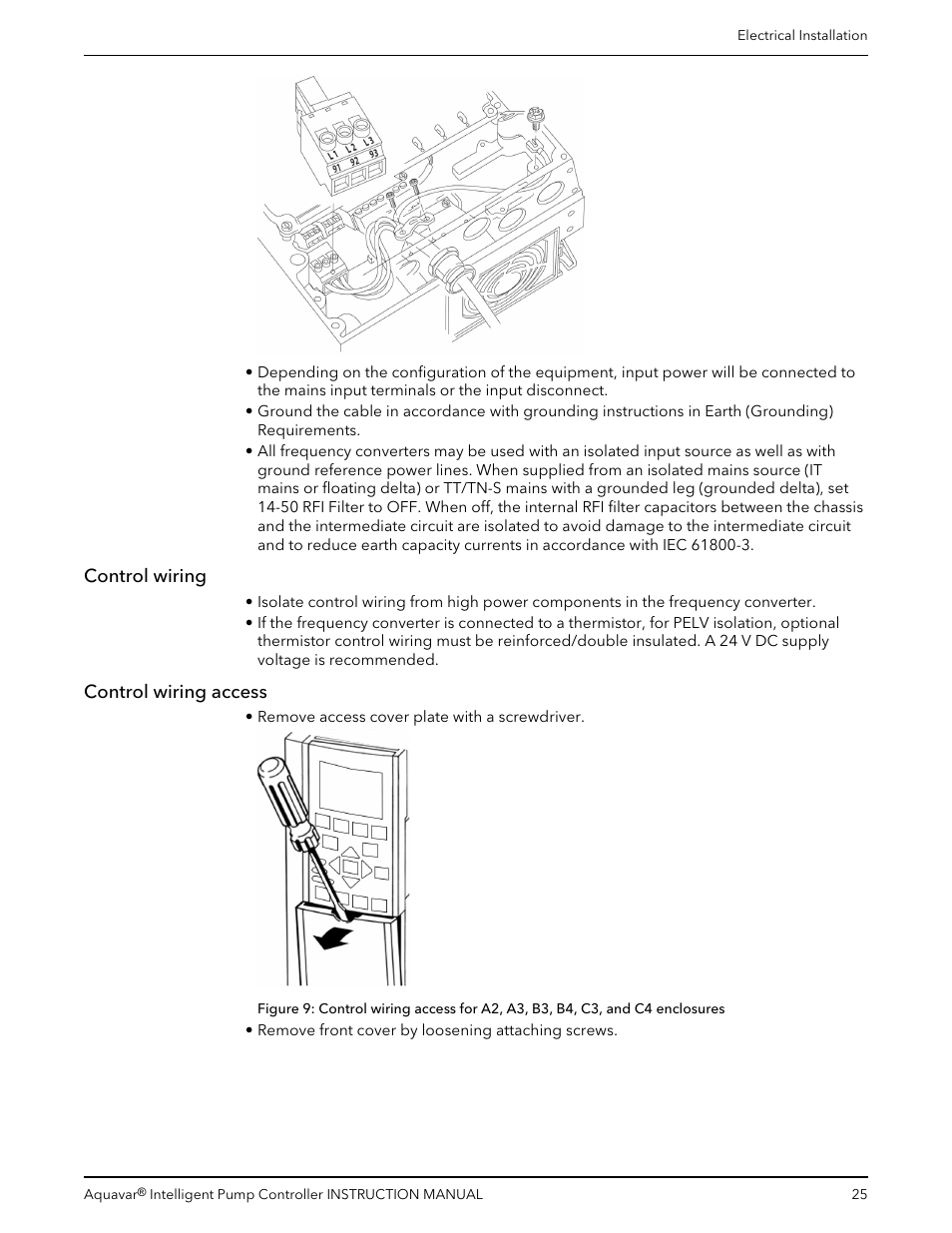 Control wiring, Control wiring access, Control wiring control wiring access | Xylem IM255 AQUAVAR Intelligent Pump Controller User Manual | Page 27 / 148